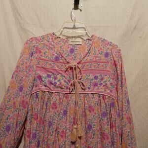 Good night macaroon Women's small floral tunic blouse top shirt pink tassel ties